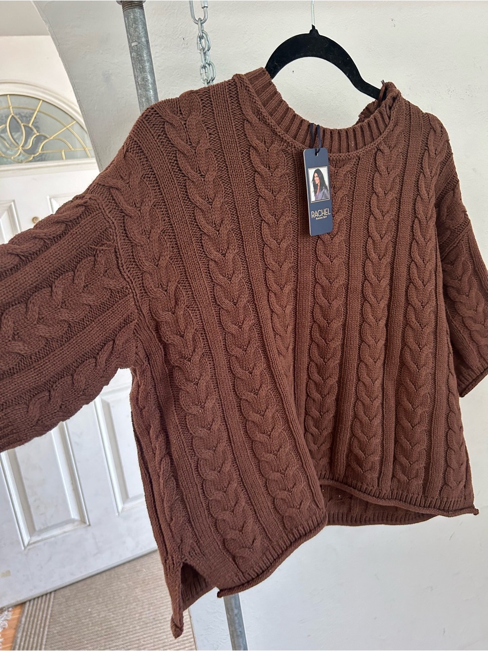 Rachel Cable-Knit Sweater top - Brown dolman wide drop length elbow 1/2 sleeve - Picture 2 of 7